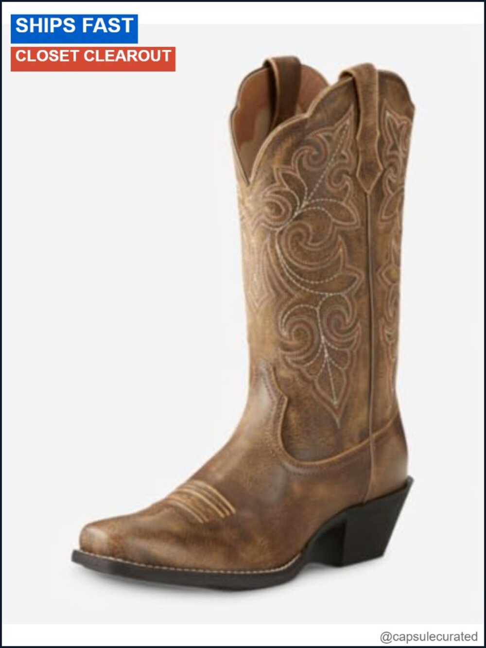 Leather Western Boots Square Toe Mid-Calf Pull-On Cowgirl